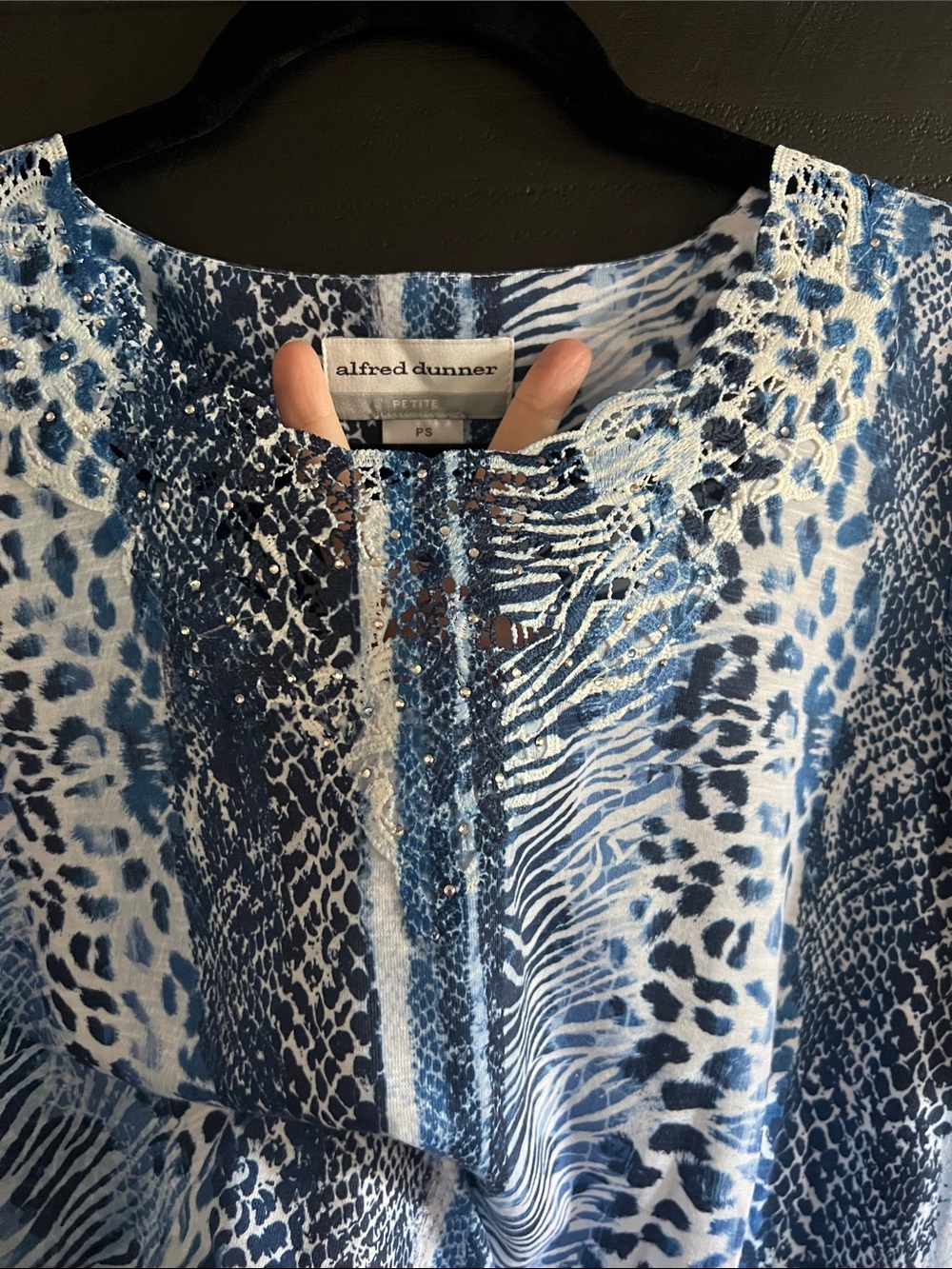 Alfred Dunner Blue & White Animal-Print Top PSmall
